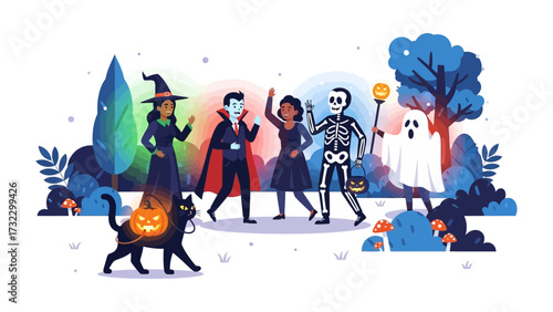 Halloween Character Gathering: A vibrant illustration showcasing the whimsical characters of Halloween: witch, vampire, skeleton, ghost, all coming together in a joyful spooky encounter.