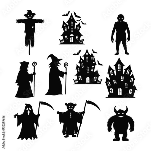 Spooky Halloween Silhouettes: A collection of eerie silhouettes, capturing the essence of Halloween with a haunted house, scarecrow, and spooky monsters.