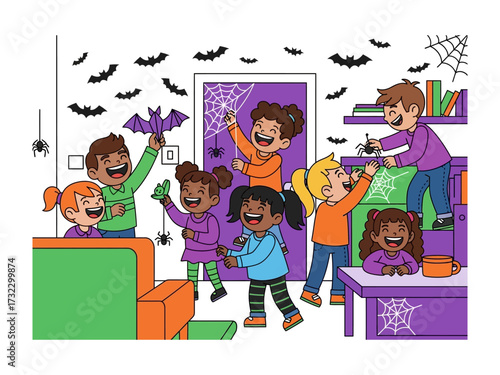 Halloween Fun for Kids: A group of happy children enthusiastically decorate a room with Halloween-themed cutouts and cobwebs, capturing the spirit of holiday preparation.