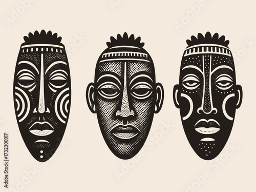 African tribal masks engraving style vector illustration