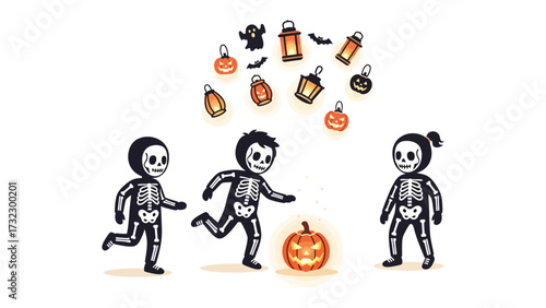 Whimsical Halloween Gathering: Charming cartoon figures dressed in skeleton costumes frolic in a playful Halloween scene. pumpkins, lanterns, and cheerful ghosts.