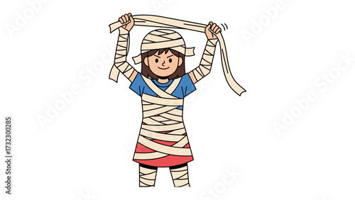 Mummy Halloween Costume: A young child enthusiastically embraces the spooky fun of Halloween, adorned in a classic mummy costume, celebrating the spirit of the season in playful style.