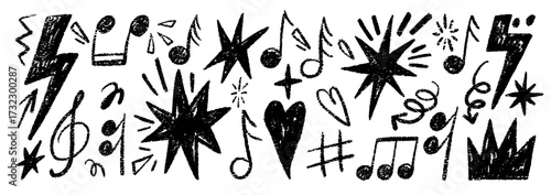 Hand drawn rock punk music elements with crayon, pastel and chalk texture. Lightning, star, notes and crown in sketch style. Black vector illustration on a white background.