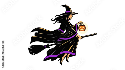 Halloween Witch in Flight: A bewitching witch soars through the night sky on a broom, holding a jack-o'-lantern, her silhouette a symbol of Halloween magic and enchantment.