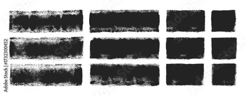 Collection of grungy paint roller strokes and rectangles with stamp texture. Hand drawn stripes and squares for banner or important mark. Black vector illustration on a white background.