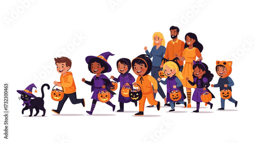 Halloween Parade of Mischief: A lively illustration captures the excitement of a Halloween parade, with costumed children and adults, accompanied by a black cat.