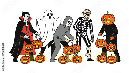 Halloween Gathering: A festive array of Halloween characters, each bearing glowing jack-o'-lanterns, gathers in anticipation of a night filled with spooky fun and celebratory cheer.