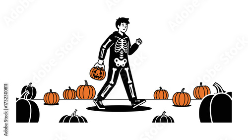 Spooky Halloween Stroll: A person dressed in a skeleton costume walking through a field of carved pumpkins, carrying a festive jack-o'-lantern