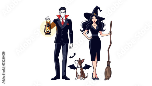 Spooky Halloween Night: A stylish vampire, a bewitching witch, and a cute dog in costumes stand, promising thrills and chills, all in perfect detail.