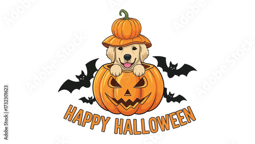 Golden Pup's Halloween: A cartoon illustration shows a playful golden retriever puppy with a pumpkin headgear seated in an illuminated pumpkin.