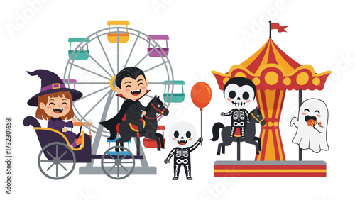Halloween Carnival Delight: A whimsical scene unfolds at a Halloween-themed carnival, featuring a joyous witch riding a carriage, a delighted vampire on a carousel horse, a grinning skeleton.