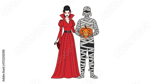 Halloween Characters : A captivating composition presents a Dracula and mummy embracing the spirit of the Halloween season, with intricate costume designs and playful details. 