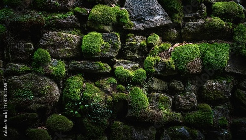 Dark Mysterious Mossy Stone Wall Background