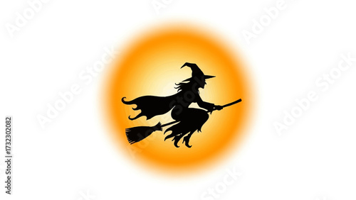 Halloween Witch in Silhouette: A bewitching silhouette of a witch soaring across the canvas on a broomstick, set against the backdrop of an eerie orange sun.