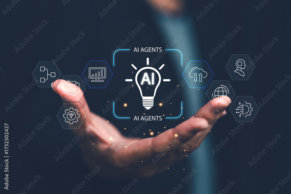 Fototapeta premium Futuristic concept of AI agents with glowing icons above a hand, representing artificial intelligence, automation, cloud computing, global connectivity and smart digital technology.