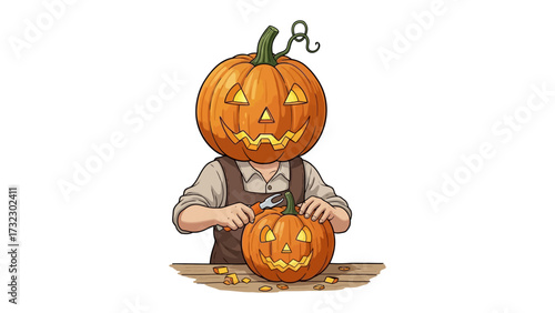 Halloween pumpkin Carving: A whimsical illustration showcases a person meticulously carving a pumpkin head with their own pumpkin head, invoking the spirit of Halloween.