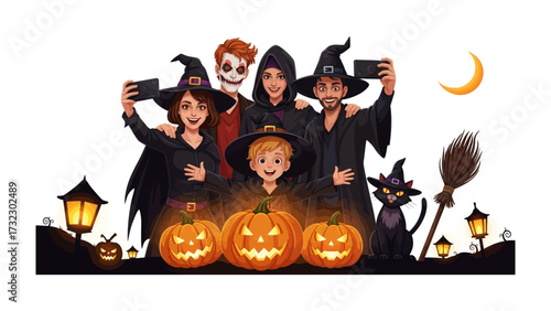 Halloween Festivities Group: A joyous group, adorned in Halloween costumes, gathers around glowing jack-o-lanterns beneath the moon. They share spooky celebration memories through self-portraits.