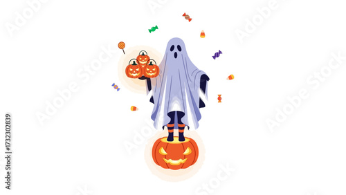 Spooky Halloween Spirit: A spectral ghost figure, playfully perched atop a carved pumpkin, clutches miniature jack-o'-lanterns, candy and sweets. conveying the spirit of spooky season.
