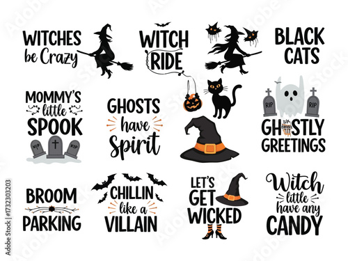 Halloween Decorations: a collection of spooky illustration and writing text that represent the spirit of Halloween