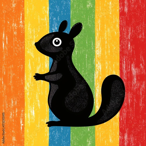 Playful Black Squirrel Illustration on Rainbow Stripes