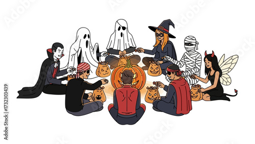 Enchanting Halloween Gathering: A group of costumed individuals congregates around a carved pumpkin, with a whimsical style. Embodying the spirit of Halloween.