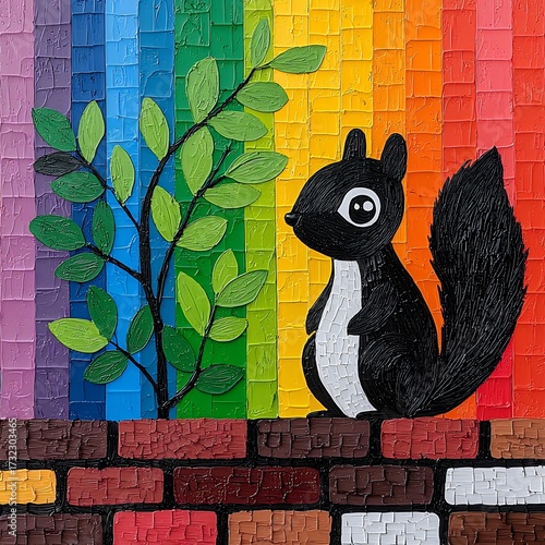 Playful Black Squirrel on Rainbow Brick Wall