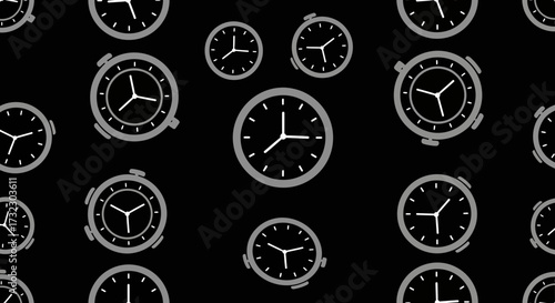 A contemporary monochrome pattern of stylized gray clocks distributed randomly on stark backdrop