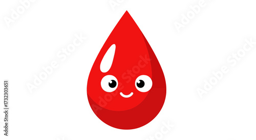 A whimsical depiction of a friendly blood droplet illustration against a white canvas backdrop