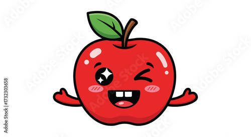 A whimsical winking apple character beaming with joyful expression and vibrant color is ready for