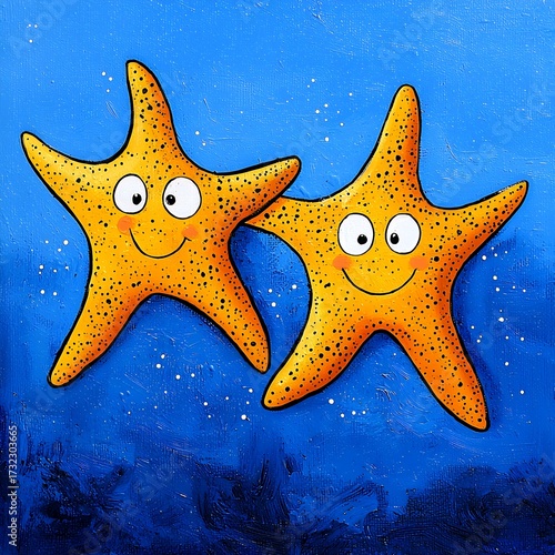 Playful Orange Starfish Duo on Textured Blue Background
