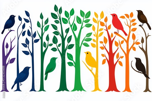 Rainbow Forest Illustration with Colorful Birds