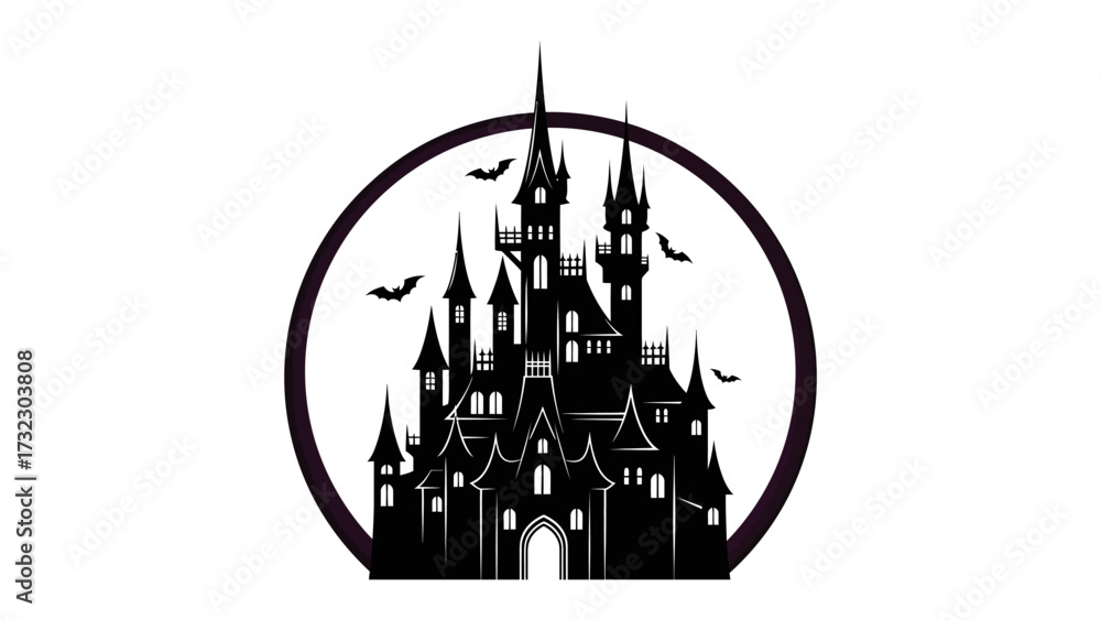 Fototapeta premium Spooky Silhouette: A gothic castle, framed within a dark circle, evokes an atmosphere of mystery and the eerie thrill of the night. Bats circle the castle.