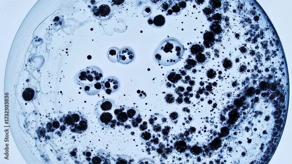 Abstract patterns of dark and light blue, circular and irregular shapes