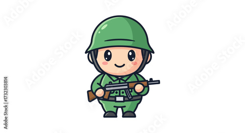 Adorable cartoon soldier holding weapon with friendly expression stands attentively isolated