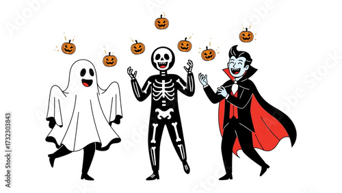 Spooky Spectacle: Halloween costumes, including a ghost, skeleton, and vampire, are captured in a playful moment amidst floating pumpkins, creating a festive illustration. 