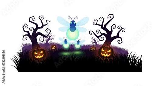 Halloween Night Fantasy: A whimsical Halloween scene unfolds with grinning Jack-o'-lanterns, eerie trees, and glowing fireflies create a spooky yet enchanting atmosphere.