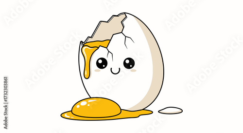 Adorable cracked egg cartoon character with a happy face and dripping yolk illustration