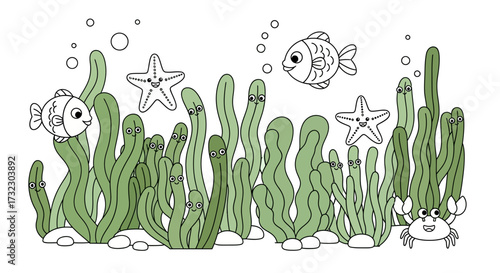 Adorable marine life coloring page with friendly creatures and seaweed forest design