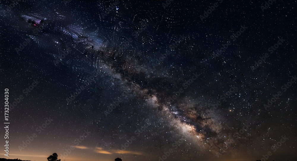 Fototapeta premium Dramatic Milky Way Galaxy with Sparkling Stars and Silhouette Trees