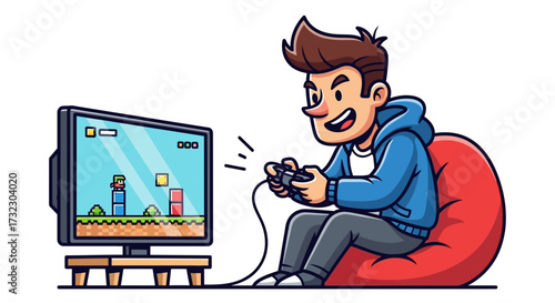Animated character enjoys retro gaming on a beanbag chair digital era of entertainment