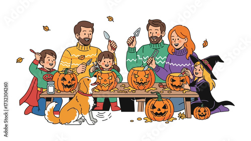 Halloween Family Pumpkin Carving: A delightful illustration of a family, including a happy dog, gathered around a table, enthusiastically carving pumpkins for Halloween.