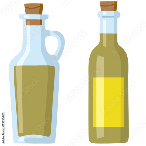 Hand-drawn illustration of oil bottle and jar with olive oil. Colored flat cartoon vector illustration isolated on white background. Concept of nature, healthy food, farm vegetables, natural oils