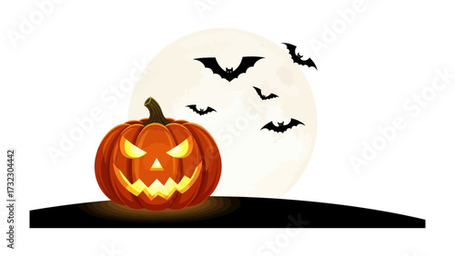 Halloween Night Specter: A glowing jack-o'-lantern casts an eerie glow on moonlit night, as bats flit across the sky, creating a bewitching spectacle for halloween.