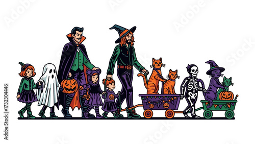Spooky Halloween Parade: An illustration of a family and their pets parade on Halloween night, a harmonious blend of eerie costumes and heartwarming unity, walking through the spooky celebration.