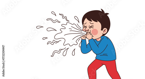 Cartoon boy sneezing explosively with visible spray conveying illness and infection risks