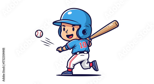 Cartoon baseball player with bat preparing to hit ball on white background