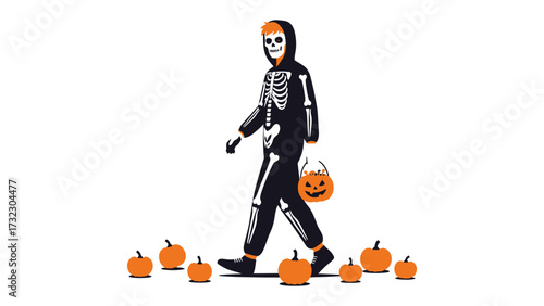 Halloween Revelry: A figure in a skeleton costume, walking along a path of orange pumpkins carrying a pumpkin-shaped basket, representing Halloween festivities, Halloween celebration.