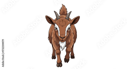 Cartoon brown goat with horns facing forward on a white background farm life creation