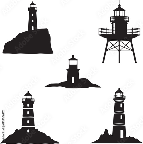 Black lighthouse silhouettes on rocky outcrops beacon
