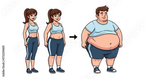 Cartoon Depiction: Transformation from Fitness to Overweight Lifestyle Illustration